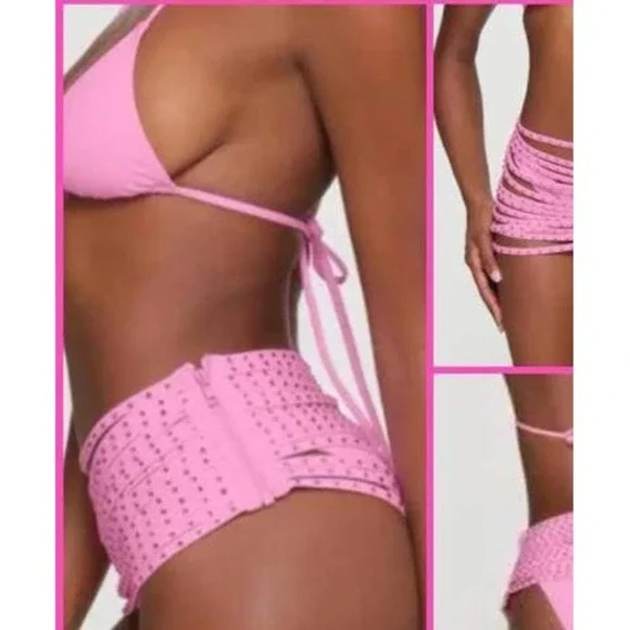 SKIMS Rhinestone Swim Cover Up Skirt Pink 2X Plus Barbicore Strappy NWT - Picture 3 of 3